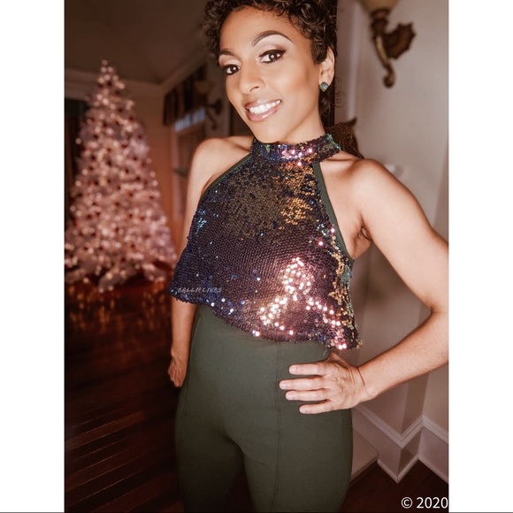 Callie Celebration: Iridescent Orange Sequin Cropped Halter Green Jumpsuit S M - Picture 12 of 16